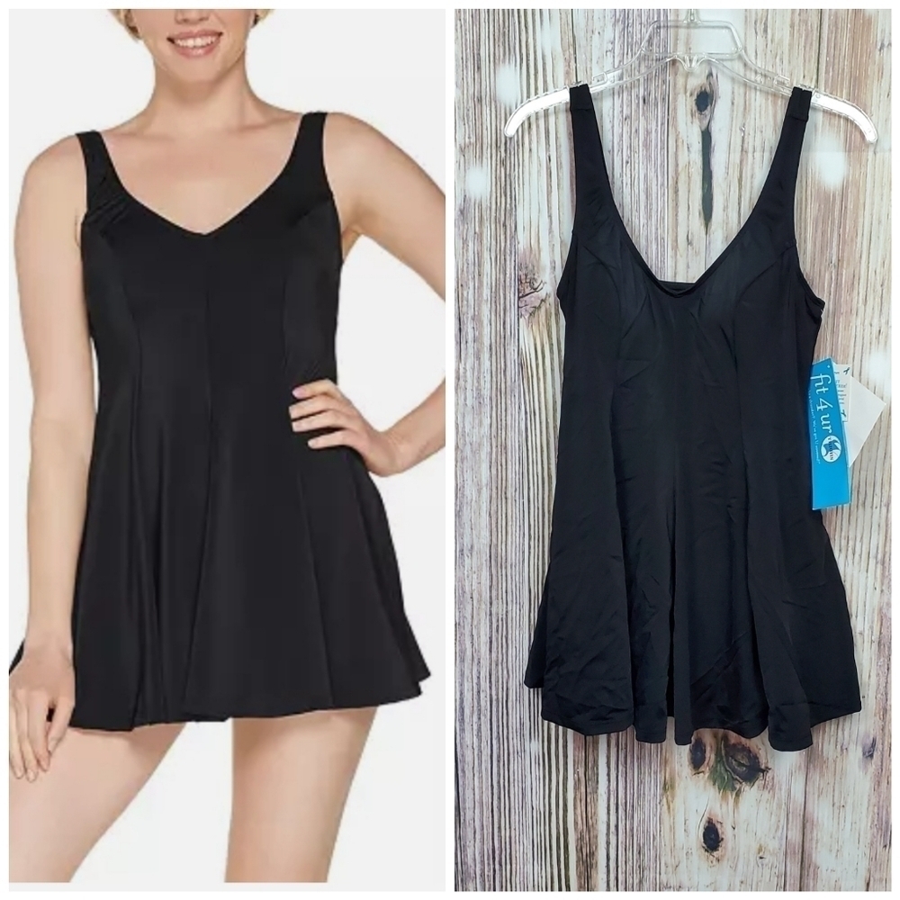 FIT 4U Black V-neck Swing Swim Dress